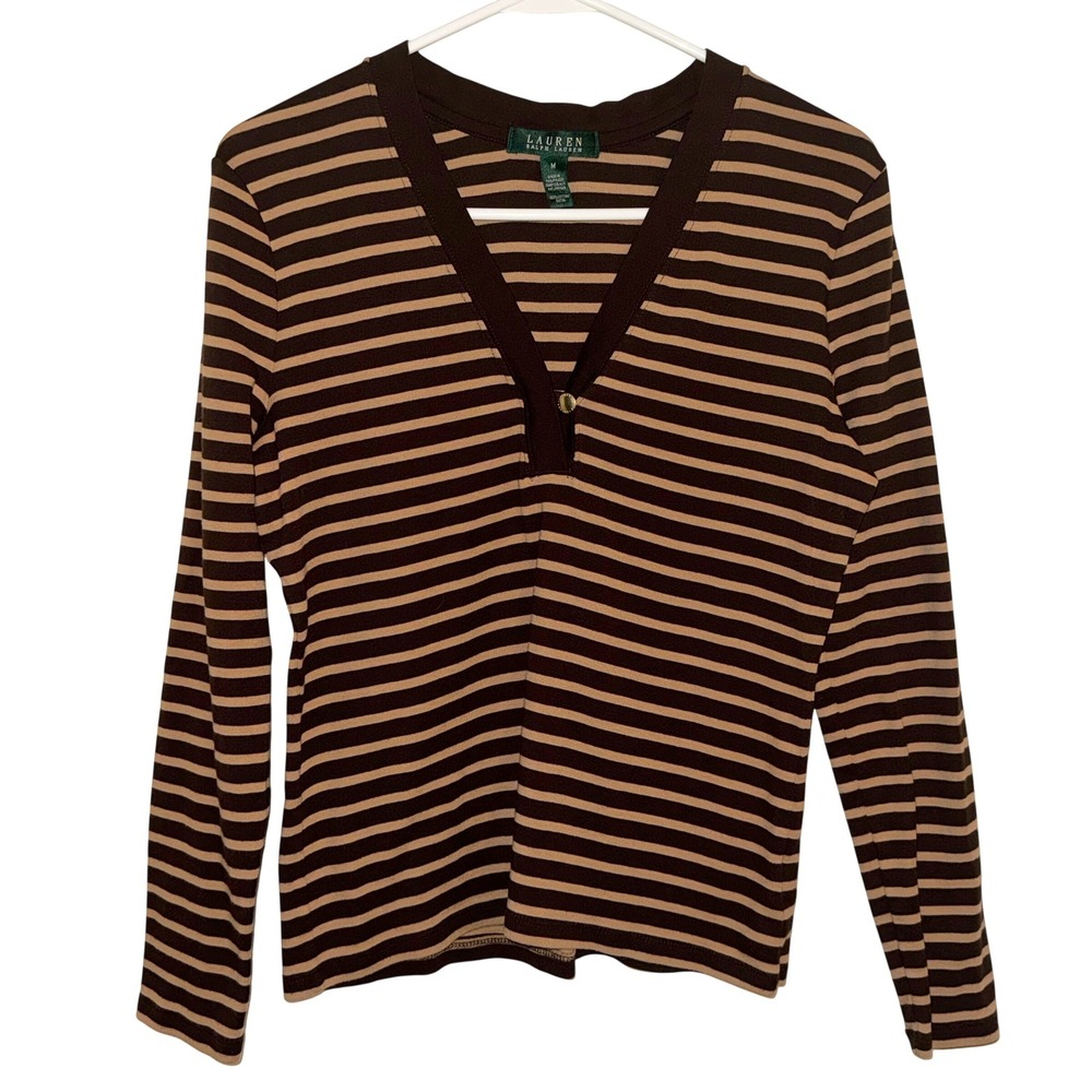 Lauren Ralph Lauren Striped Long Sleeve Henley Top Brown Tan Medium